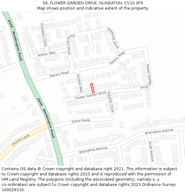 59, FLOWER GARDEN DRIVE, NUNEATON, CV10 0FX: Location map and indicative extent of plot