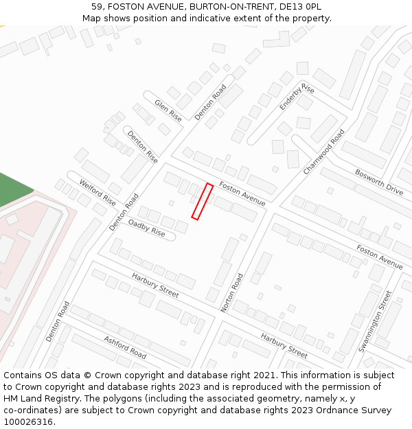 59, FOSTON AVENUE, BURTON-ON-TRENT, DE13 0PL: Location map and indicative extent of plot