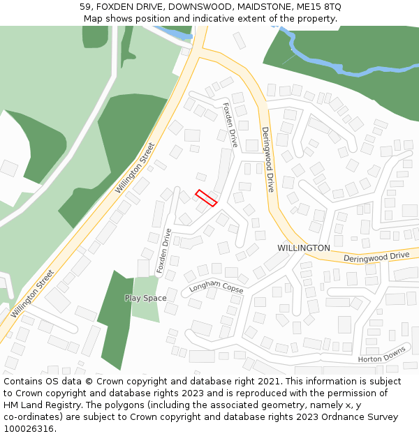 59, FOXDEN DRIVE, DOWNSWOOD, MAIDSTONE, ME15 8TQ: Location map and indicative extent of plot