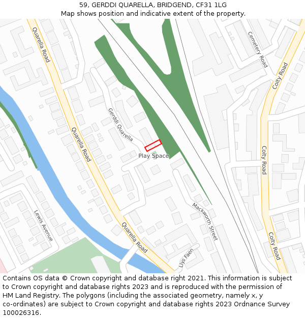 59, GERDDI QUARELLA, BRIDGEND, CF31 1LG: Location map and indicative extent of plot