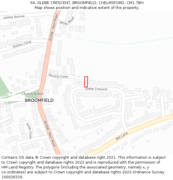 59, GLEBE CRESCENT, BROOMFIELD, CHELMSFORD, CM1 7BH: Location map and indicative extent of plot