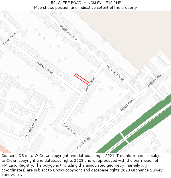 59, GLEBE ROAD, HINCKLEY, LE10 1HF: Location map and indicative extent of plot