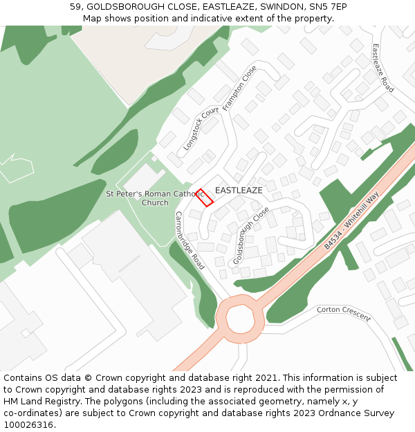 59, GOLDSBOROUGH CLOSE, EASTLEAZE, SWINDON, SN5 7EP: Location map and indicative extent of plot