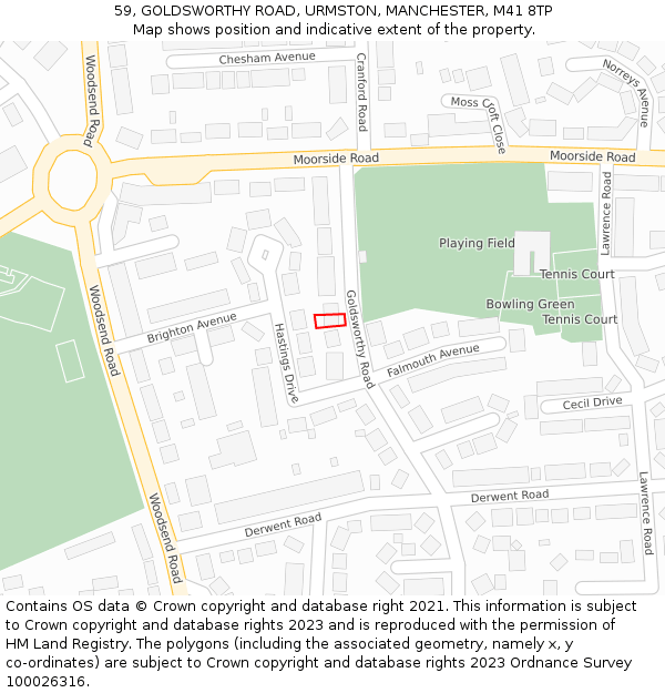 59, GOLDSWORTHY ROAD, URMSTON, MANCHESTER, M41 8TP: Location map and indicative extent of plot
