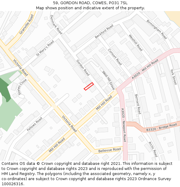 59, GORDON ROAD, COWES, PO31 7SL: Location map and indicative extent of plot