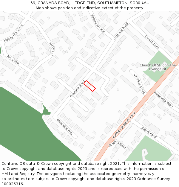59, GRANADA ROAD, HEDGE END, SOUTHAMPTON, SO30 4AU: Location map and indicative extent of plot