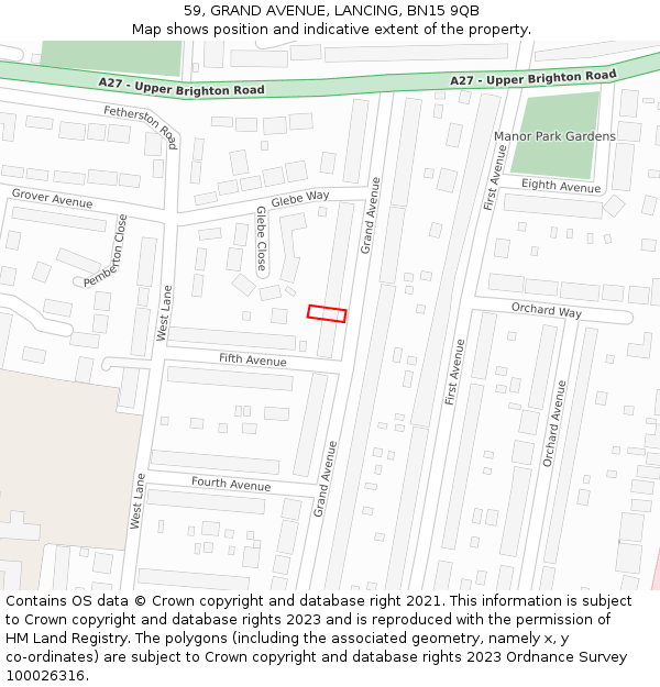 59, GRAND AVENUE, LANCING, BN15 9QB: Location map and indicative extent of plot
