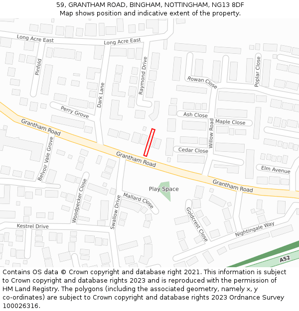 59, GRANTHAM ROAD, BINGHAM, NOTTINGHAM, NG13 8DF: Location map and indicative extent of plot