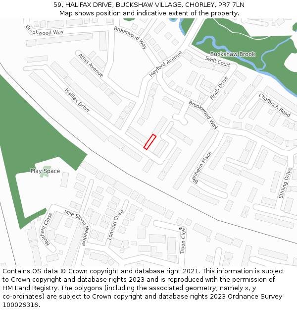 59, HALIFAX DRIVE, BUCKSHAW VILLAGE, CHORLEY, PR7 7LN: Location map and indicative extent of plot