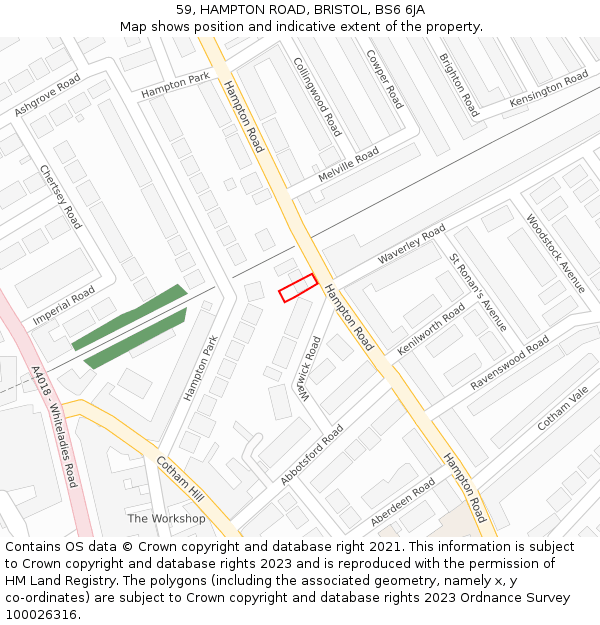59, HAMPTON ROAD, BRISTOL, BS6 6JA: Location map and indicative extent of plot