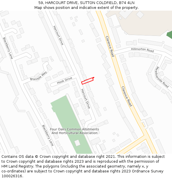 59, HARCOURT DRIVE, SUTTON COLDFIELD, B74 4LN: Location map and indicative extent of plot