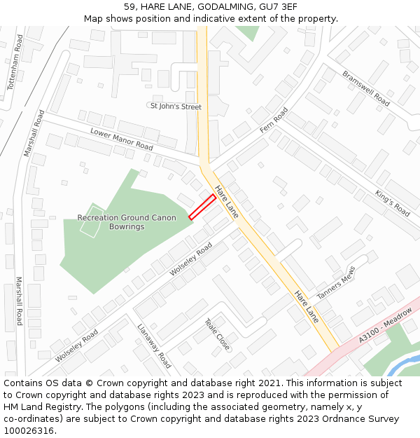 59, HARE LANE, GODALMING, GU7 3EF: Location map and indicative extent of plot