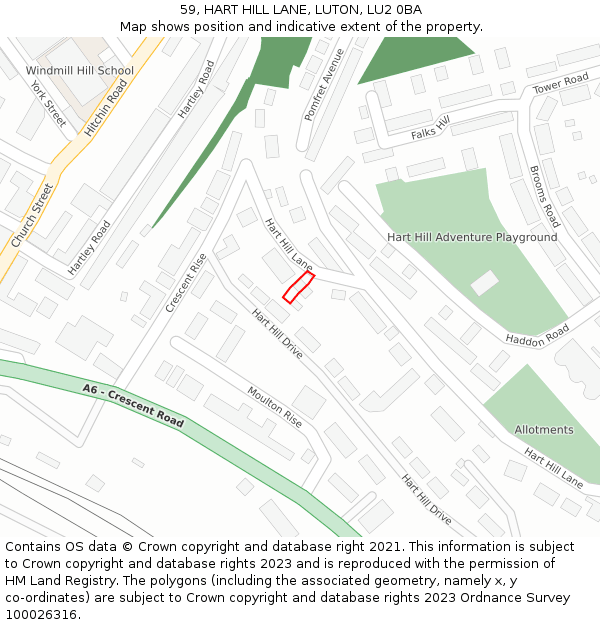 59, HART HILL LANE, LUTON, LU2 0BA: Location map and indicative extent of plot