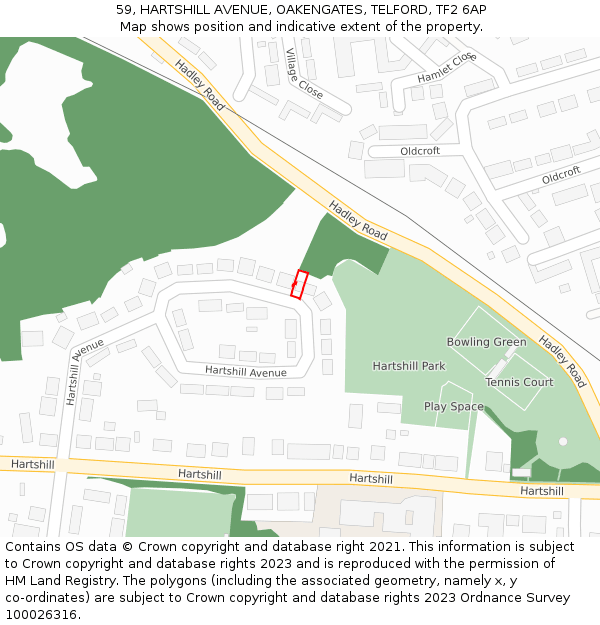 59, HARTSHILL AVENUE, OAKENGATES, TELFORD, TF2 6AP: Location map and indicative extent of plot