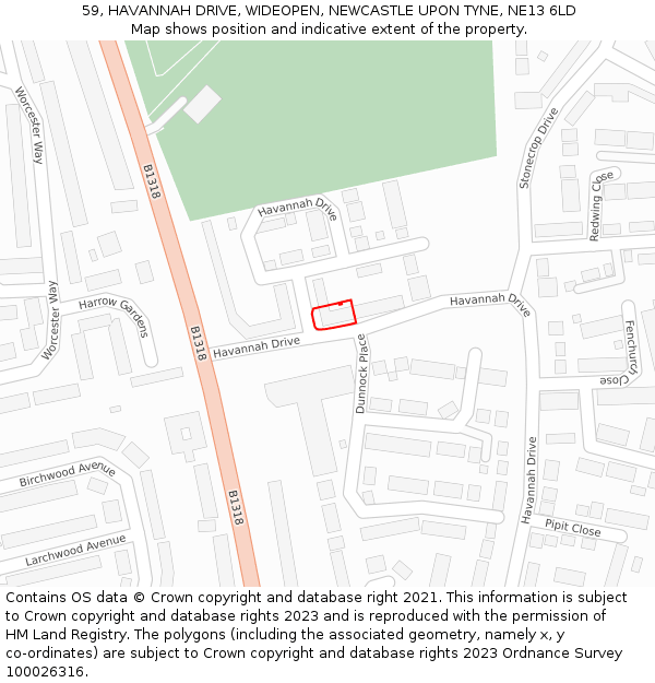 59, HAVANNAH DRIVE, WIDEOPEN, NEWCASTLE UPON TYNE, NE13 6LD: Location map and indicative extent of plot