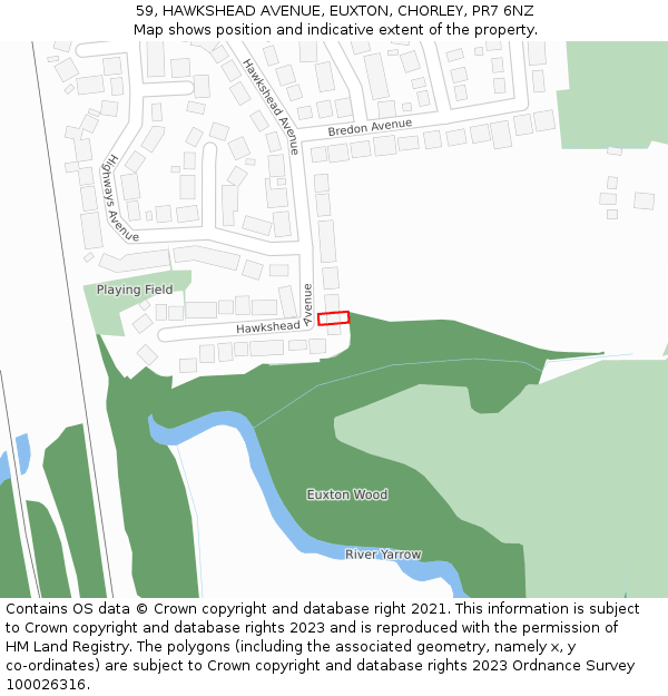 59, HAWKSHEAD AVENUE, EUXTON, CHORLEY, PR7 6NZ: Location map and indicative extent of plot