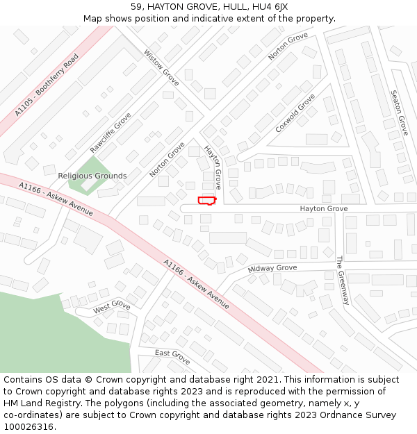 59, HAYTON GROVE, HULL, HU4 6JX: Location map and indicative extent of plot