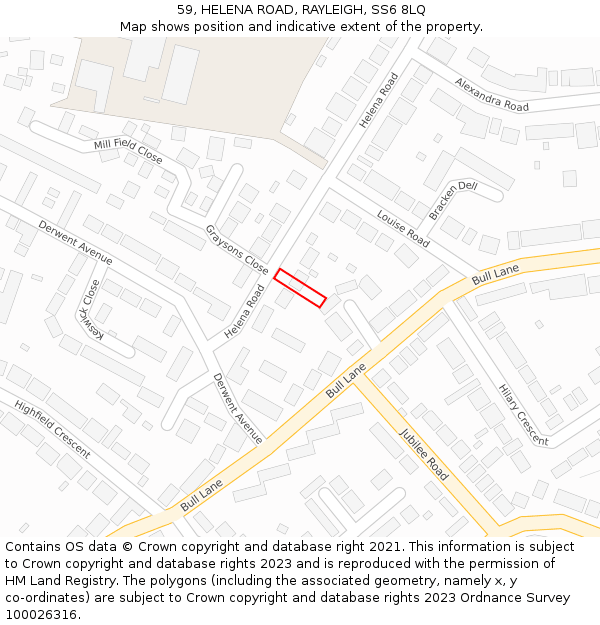 59, HELENA ROAD, RAYLEIGH, SS6 8LQ: Location map and indicative extent of plot