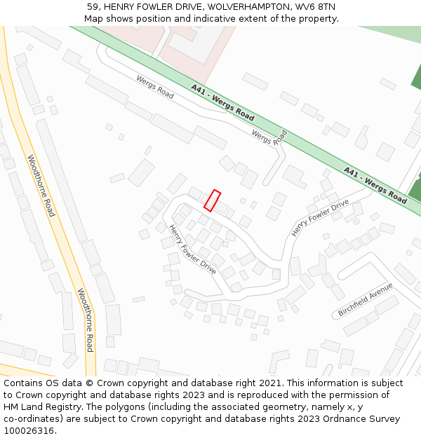 59, HENRY FOWLER DRIVE, WOLVERHAMPTON, WV6 8TN: Location map and indicative extent of plot