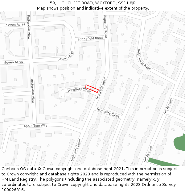 59, HIGHCLIFFE ROAD, WICKFORD, SS11 8JP: Location map and indicative extent of plot