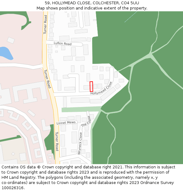 59, HOLLYMEAD CLOSE, COLCHESTER, CO4 5UU: Location map and indicative extent of plot