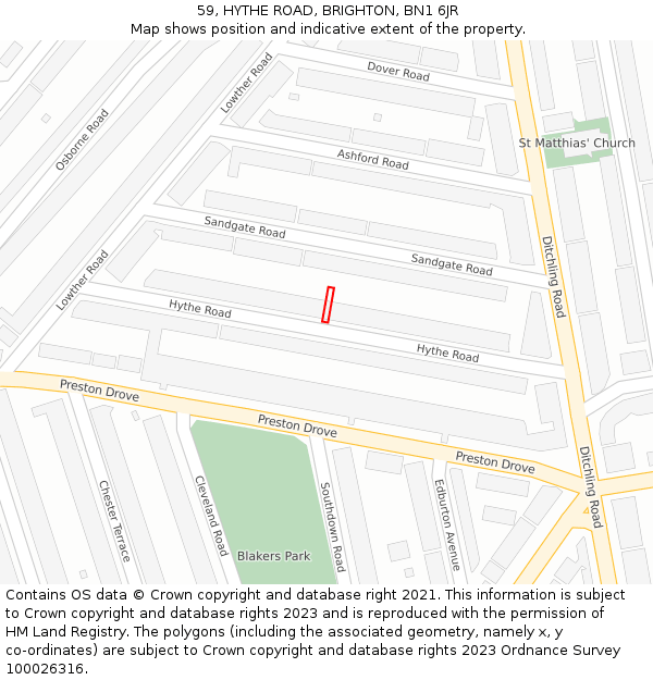 59, HYTHE ROAD, BRIGHTON, BN1 6JR: Location map and indicative extent of plot