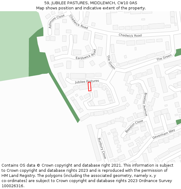 59, JUBILEE PASTURES, MIDDLEWICH, CW10 0AS: Location map and indicative extent of plot