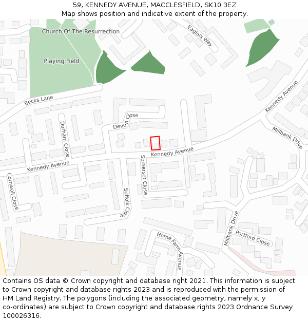 59, KENNEDY AVENUE, MACCLESFIELD, SK10 3EZ: Location map and indicative extent of plot