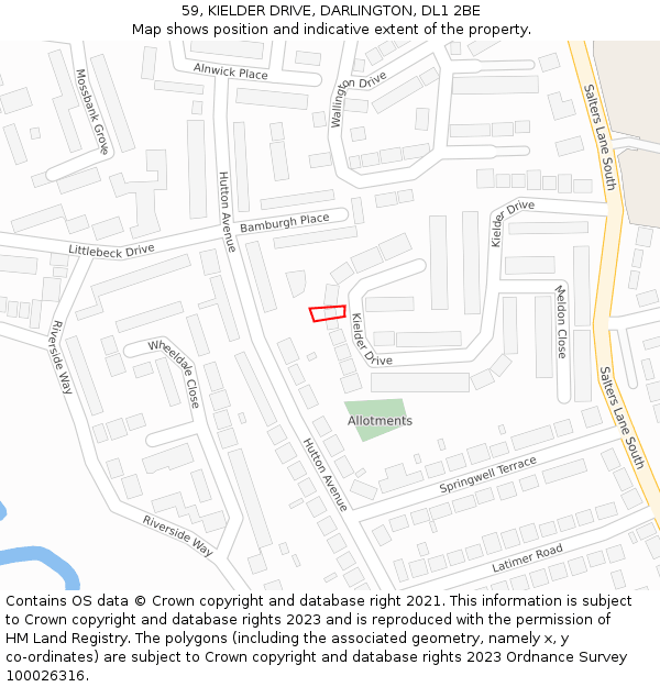 59, KIELDER DRIVE, DARLINGTON, DL1 2BE: Location map and indicative extent of plot