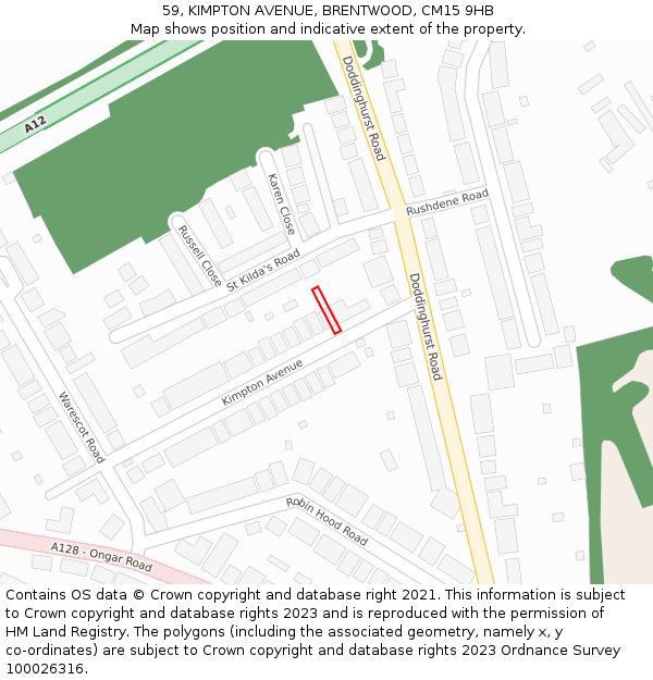 59, KIMPTON AVENUE, BRENTWOOD, CM15 9HB: Location map and indicative extent of plot