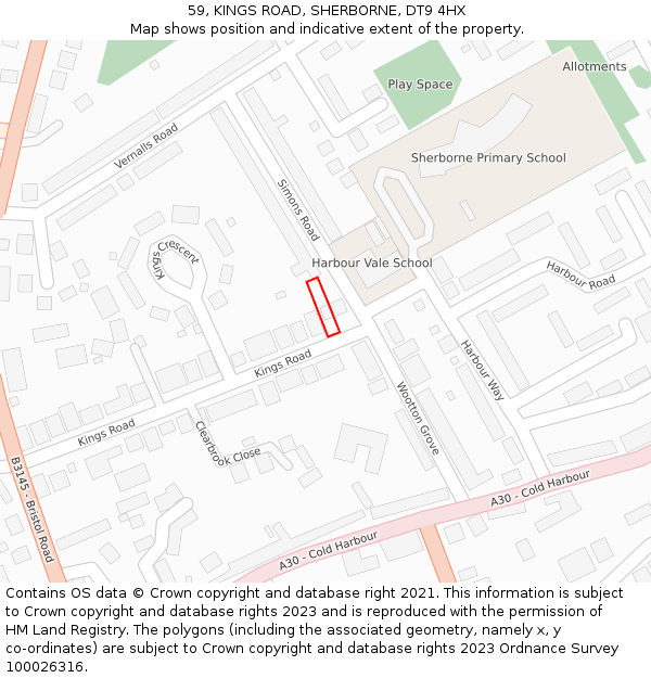 59, KINGS ROAD, SHERBORNE, DT9 4HX: Location map and indicative extent of plot