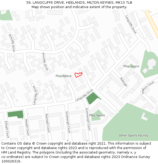59, LANGCLIFFE DRIVE, HEELANDS, MILTON KEYNES, MK13 7LB: Location map and indicative extent of plot