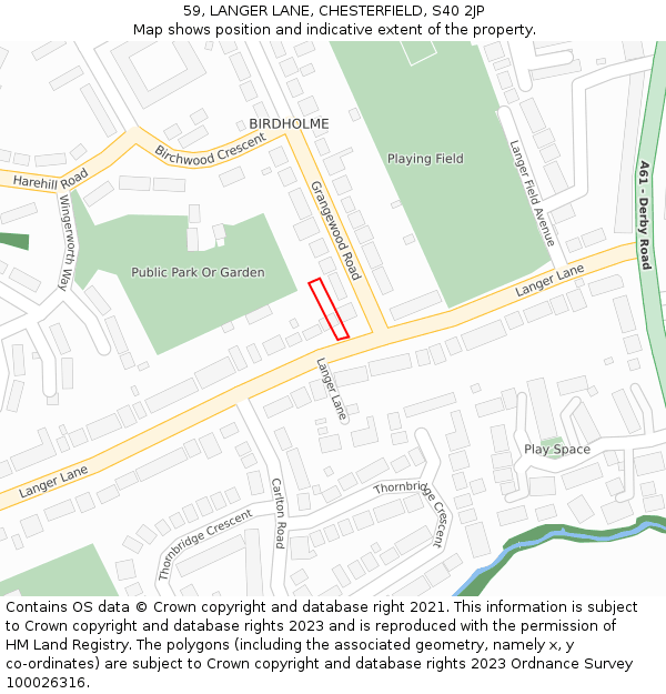 59, LANGER LANE, CHESTERFIELD, S40 2JP: Location map and indicative extent of plot