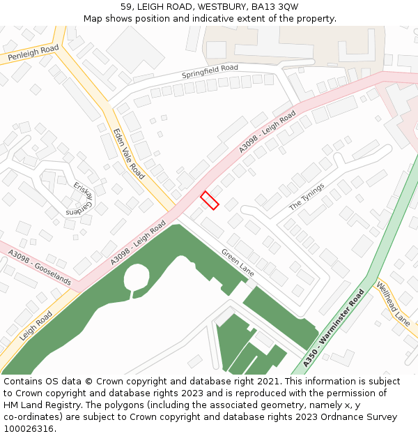 59, LEIGH ROAD, WESTBURY, BA13 3QW: Location map and indicative extent of plot