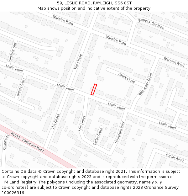 59, LESLIE ROAD, RAYLEIGH, SS6 8ST: Location map and indicative extent of plot
