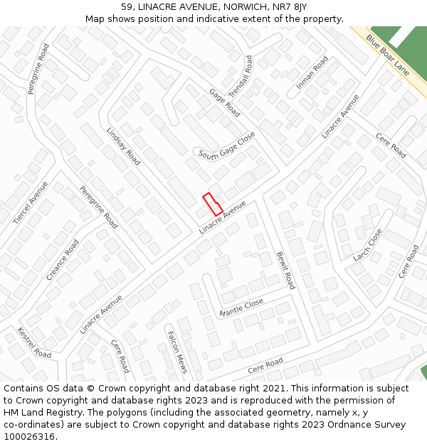 59, LINACRE AVENUE, NORWICH, NR7 8JY: Location map and indicative extent of plot