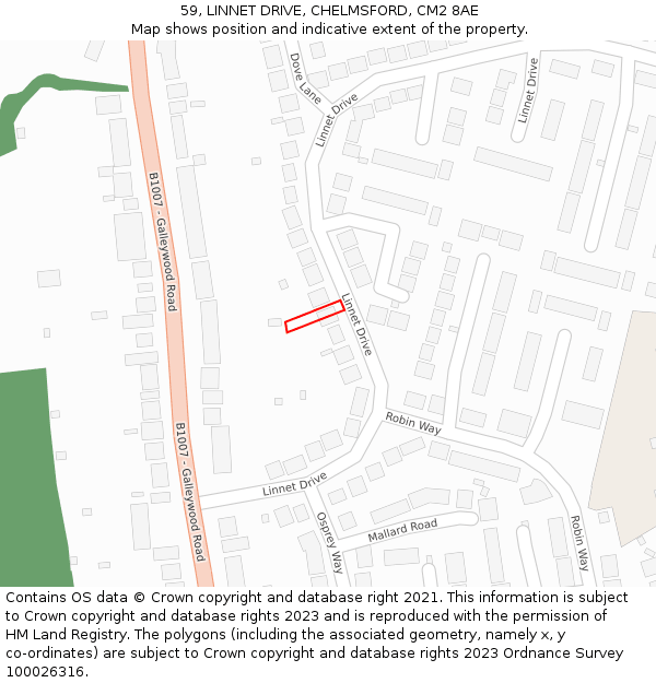 59, LINNET DRIVE, CHELMSFORD, CM2 8AE: Location map and indicative extent of plot