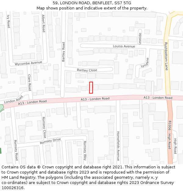 59, LONDON ROAD, BENFLEET, SS7 5TG: Location map and indicative extent of plot