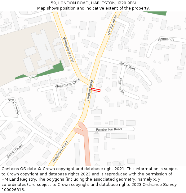 59, LONDON ROAD, HARLESTON, IP20 9BN: Location map and indicative extent of plot