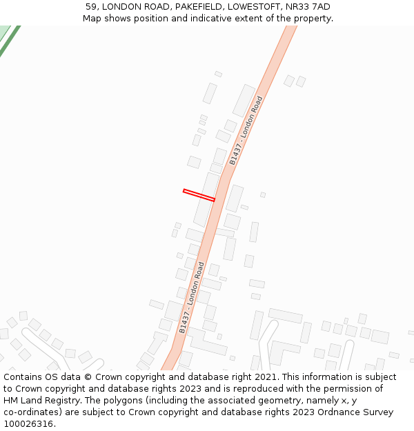 59, LONDON ROAD, PAKEFIELD, LOWESTOFT, NR33 7AD: Location map and indicative extent of plot