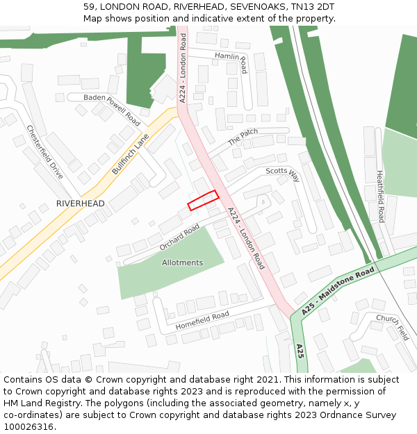 59, LONDON ROAD, RIVERHEAD, SEVENOAKS, TN13 2DT: Location map and indicative extent of plot