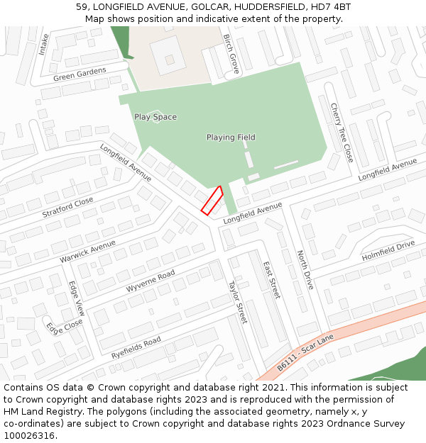 59, LONGFIELD AVENUE, GOLCAR, HUDDERSFIELD, HD7 4BT: Location map and indicative extent of plot