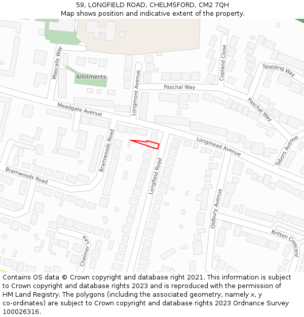 59, LONGFIELD ROAD, CHELMSFORD, CM2 7QH: Location map and indicative extent of plot
