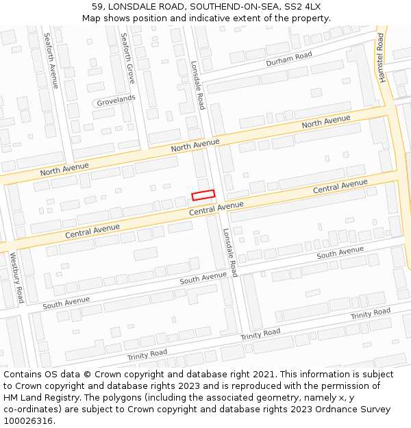59, LONSDALE ROAD, SOUTHEND-ON-SEA, SS2 4LX: Location map and indicative extent of plot