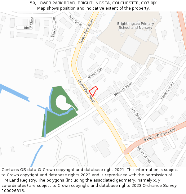 59, LOWER PARK ROAD, BRIGHTLINGSEA, COLCHESTER, CO7 0JX: Location map and indicative extent of plot