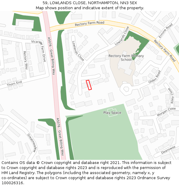 59, LOWLANDS CLOSE, NORTHAMPTON, NN3 5EX: Location map and indicative extent of plot