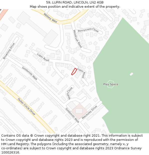 59, LUPIN ROAD, LINCOLN, LN2 4GB: Location map and indicative extent of plot