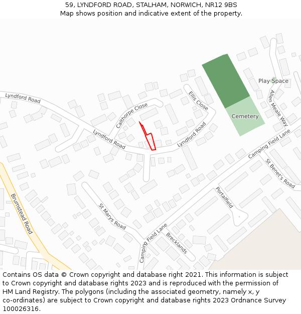 59, LYNDFORD ROAD, STALHAM, NORWICH, NR12 9BS: Location map and indicative extent of plot