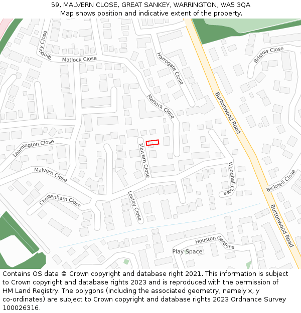 59, MALVERN CLOSE, GREAT SANKEY, WARRINGTON, WA5 3QA: Location map and indicative extent of plot