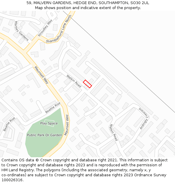 59, MALVERN GARDENS, HEDGE END, SOUTHAMPTON, SO30 2UL: Location map and indicative extent of plot